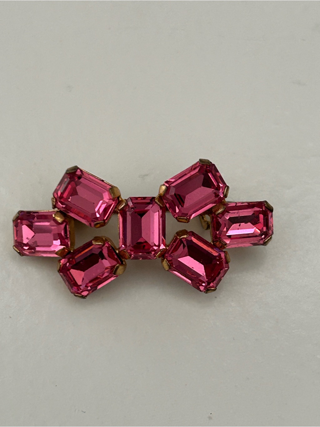 Victorian Era Brooch With Sparkling Pink Emerald-Cut Glass Stones